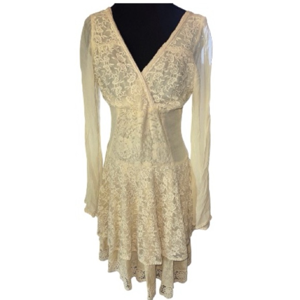 NWT Rancho Estancia Boho Lace Layered Ruffle Ivory Floral Dress Size M NWT *read